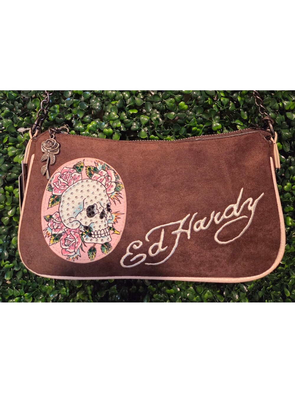 Ed Hardy Brown Suede Shoulder Bag with Skull and Roses